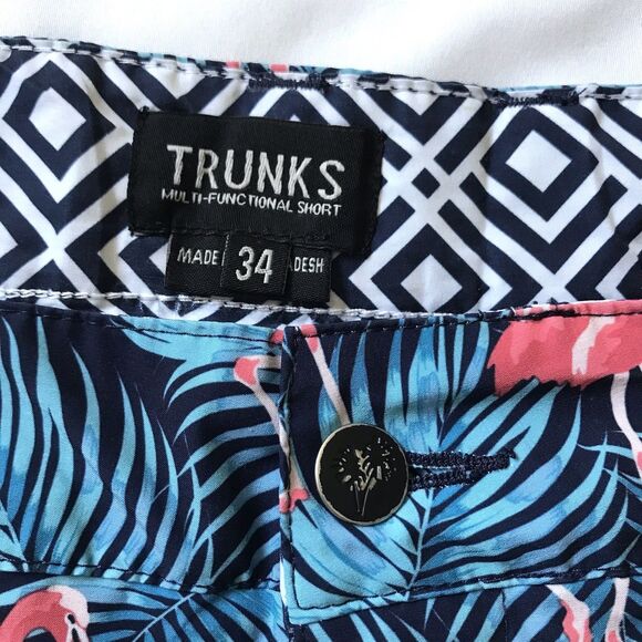 Trunks Swim Hybrd Shorts Mens Size 34 Flamingos Blue Pink Pockets Multi-Function - Picture 2 of 12